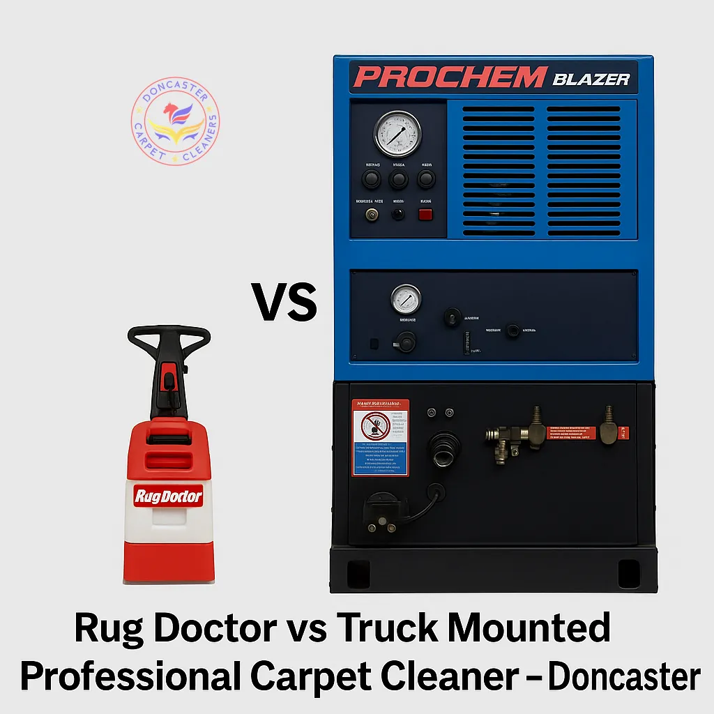 Rug Doctor hire machine compared to professional truck mounted carpet cleaner Doncaster with Doncaster Carpet Cleaners logo